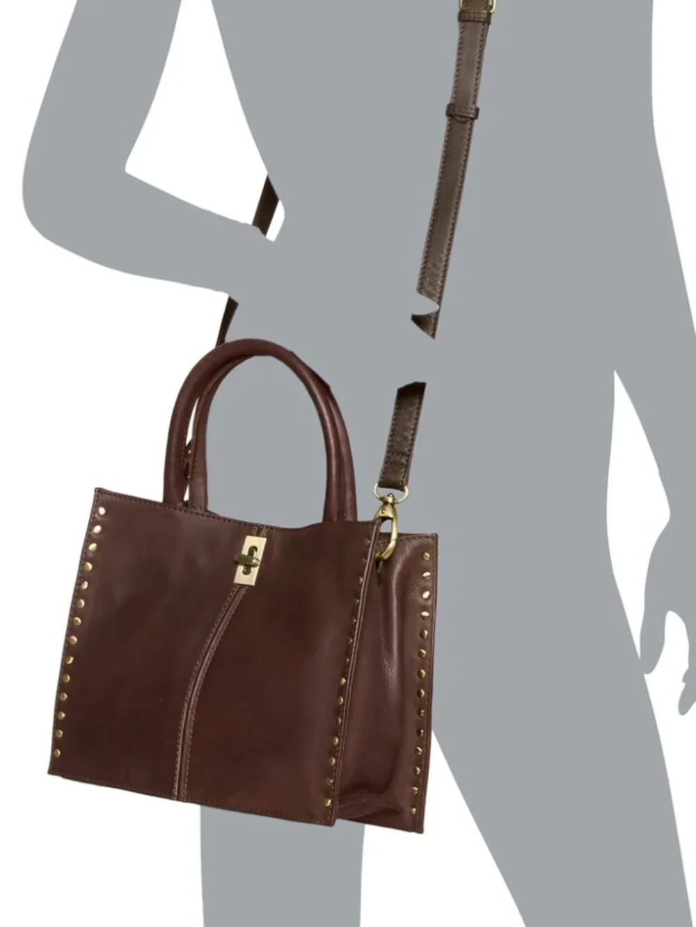 NEW MARTA PONTI Studded Satchel in Chocolate Leather Crossbody Strap NWT